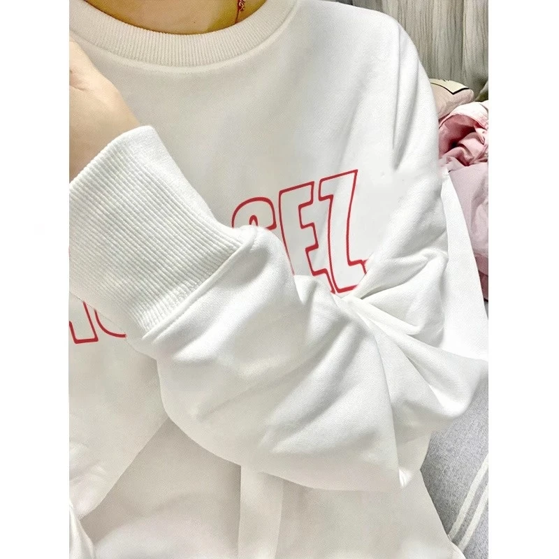 白色美式圆领慵懒卫衣女百搭小个子oversize宽松ins潮牌长袖上衣