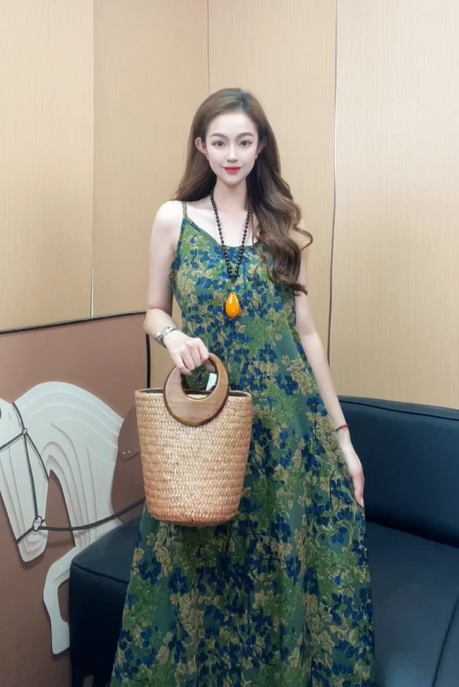 1045# 提花绿 优雅新中式显白软糯连衣裙细肩带