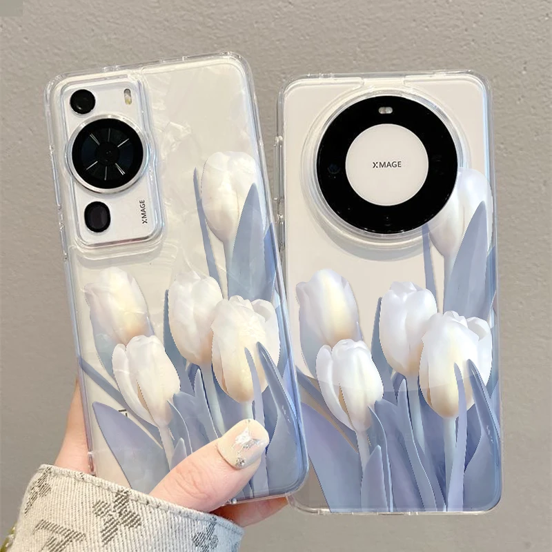 五只蓝叶郁金香适用华为mate60pro+手机壳tpu软边超薄简约防摔男