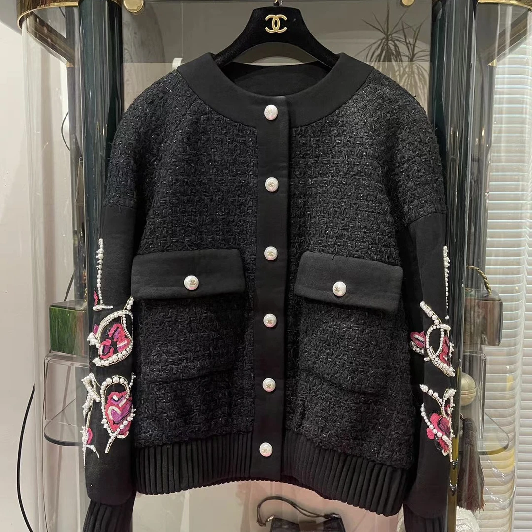 95新 Chanel/香奈儿 22A 黑色圆领刺绣串珠CC外套34码