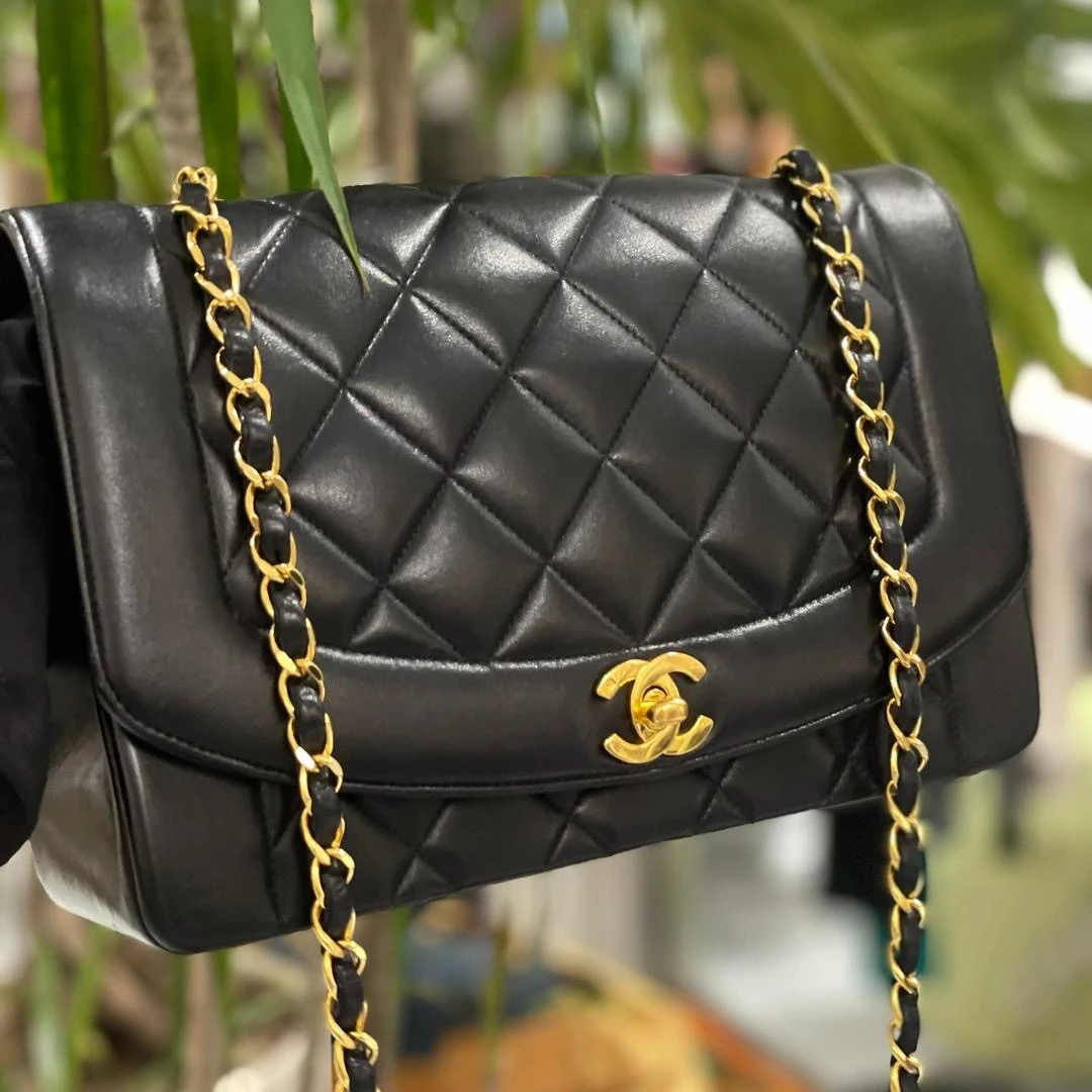 99新  Chanel 戴妃 黑金 羊皮 手提包 腋下包