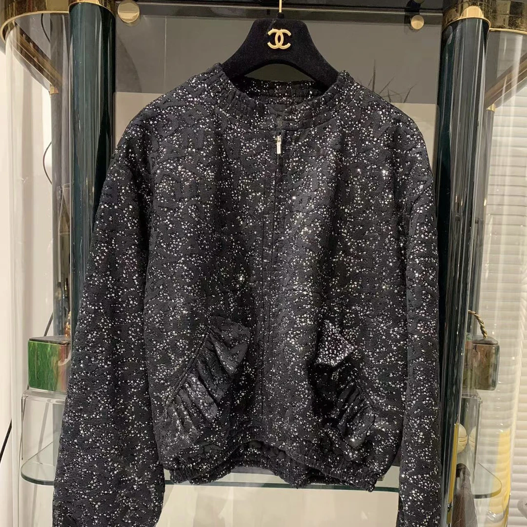 95新 Chanel/香奈儿 21K黑色字母logo亮片夹克外套36码