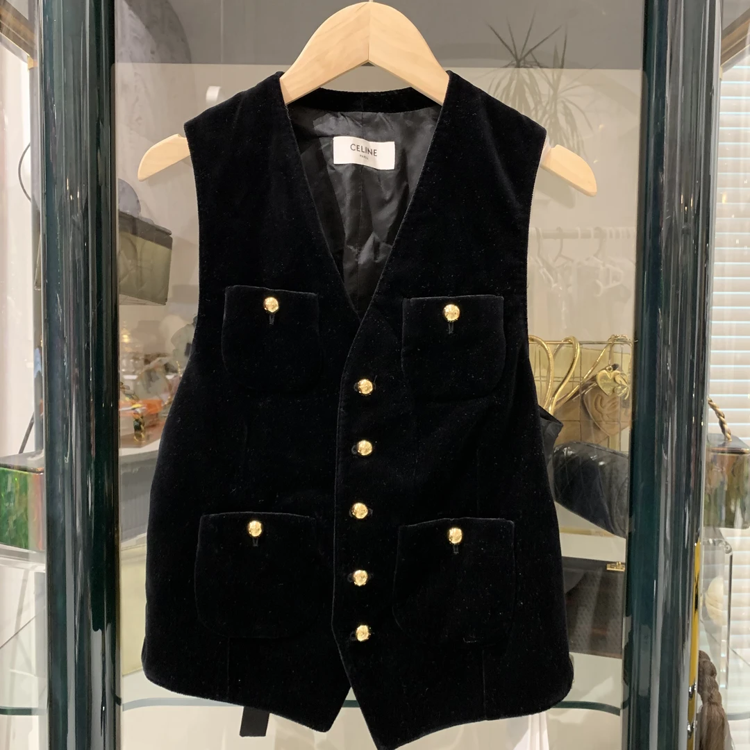 95新 Celine 黑色丝绒拼真丝马甲36码