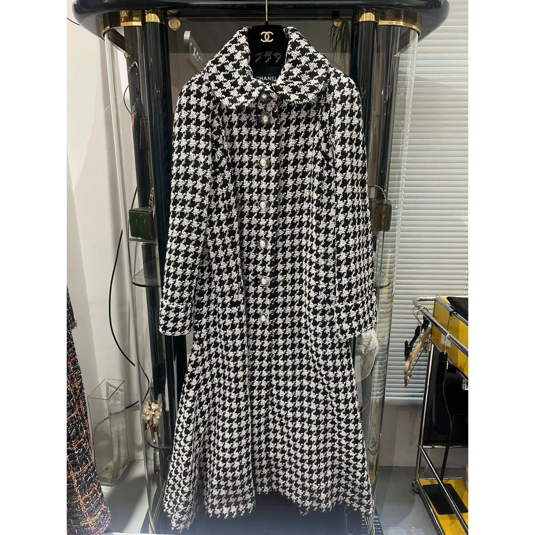 95新 Chanel/香奈儿 17K 地控 翻领 千鸟格 长款 大衣 外套 42码