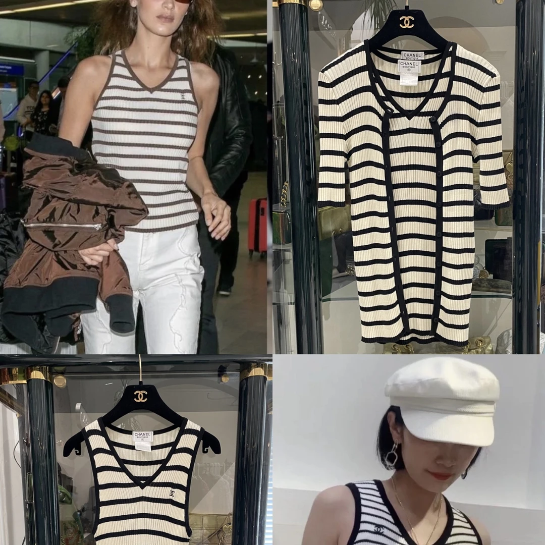 95新  Chanel 98P中古针织短袖套装 条纹 弹性很大44码
