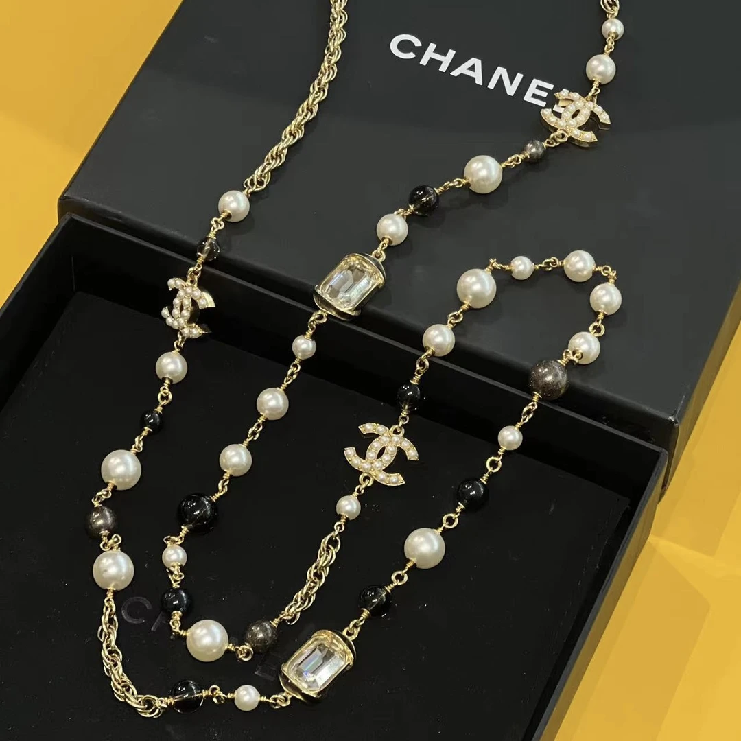 95新 Chanel/香奈儿 22A 方糖长款黑白珍珠项链 原盒在