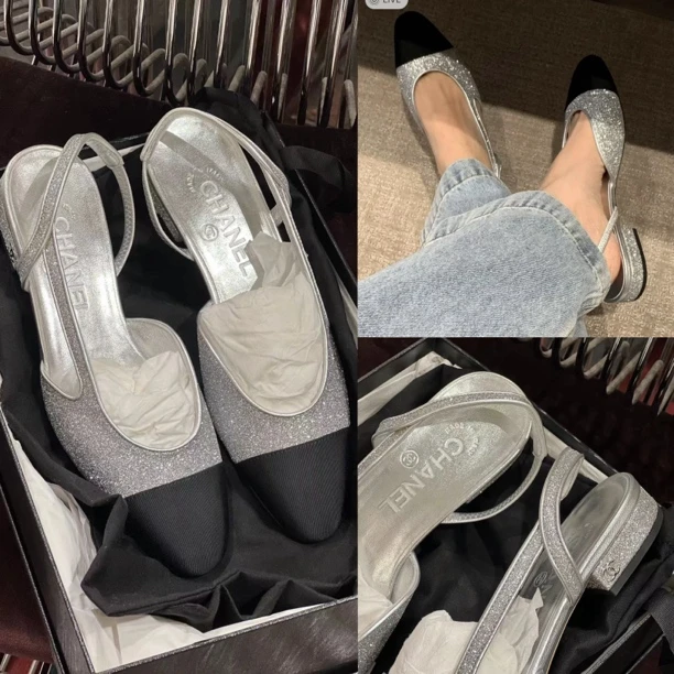 95新  chanel 23p 银闪片黑银 平底单鞋 slingback