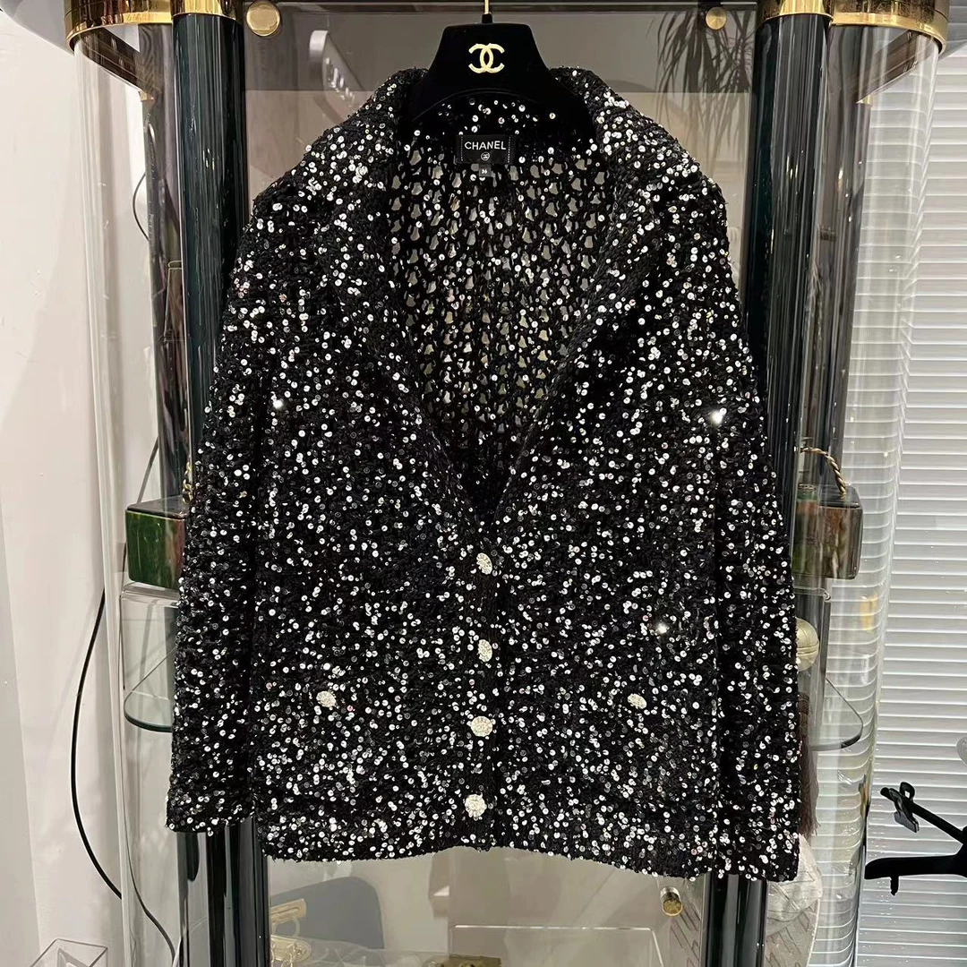 95新 Chanel/香奈儿 23C 黑银亮片 针织  两口袋外套36码