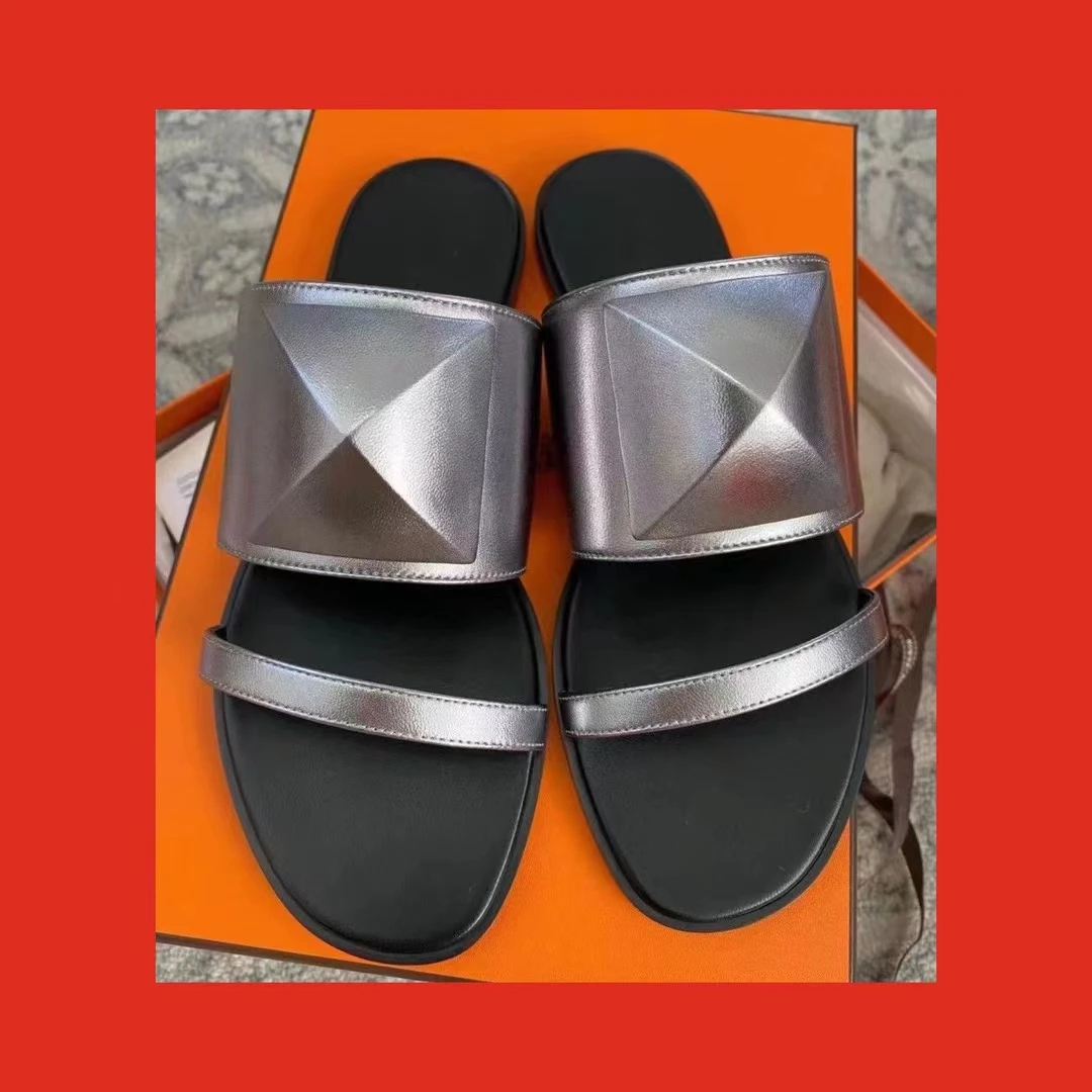 95新  Hermes 银色 拖鞋 37.5码