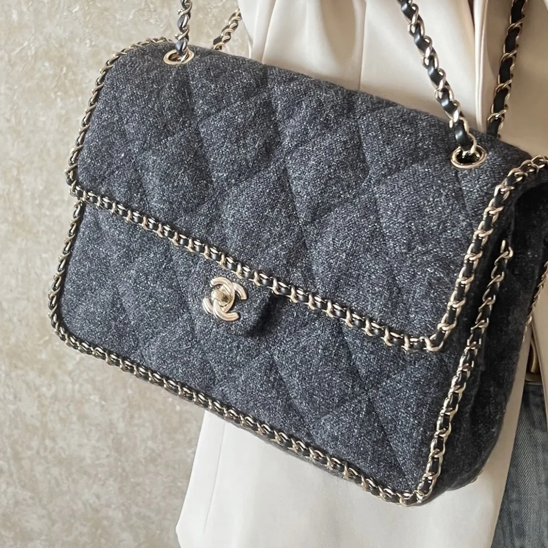95新 Chanel/香奈儿 Chanel 灰色 布面 穿皮链 单肩包 jumbo