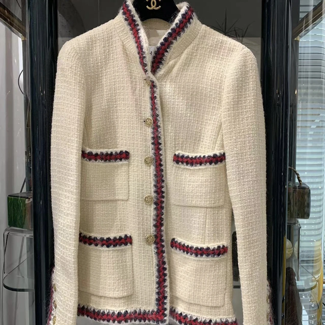 95新 Chanel/香奈儿 上海系列 米色立领四口袋外套编织滚边约38码