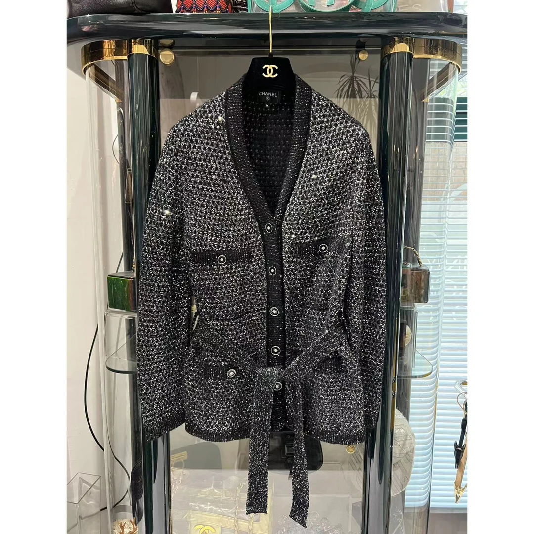 95新 Chanel/香奈儿 23B 黑银 雪花 针织 四口袋 外套 34码