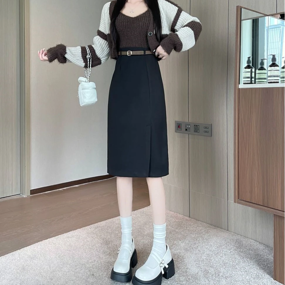 秋冬毛呢半身包臀裙中长款休闲气质显瘦直筒开叉设计感【后腰拉链】