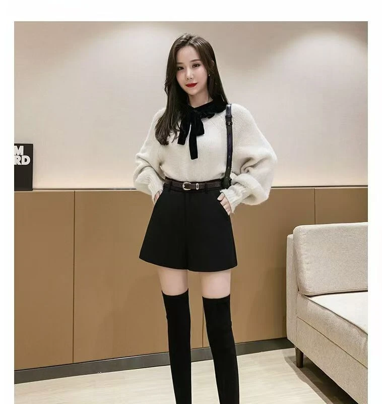 秋冬韩版毛呢宽松阔腿高腰显瘦外穿休闲气质时尚百搭靴裤黑色打底