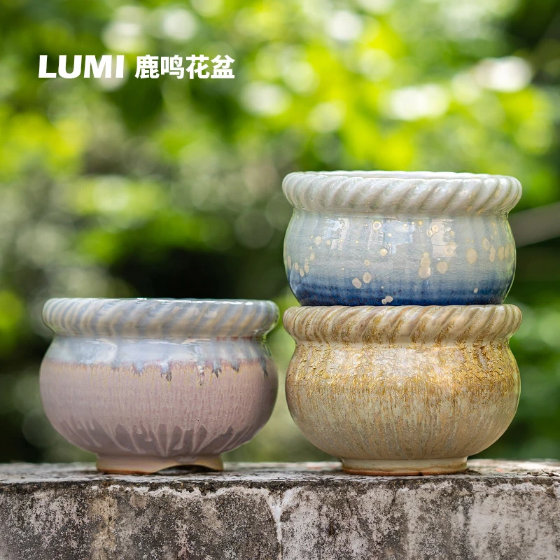 鹿鸣2023夏季新品麻花口大肚福袋10cm大口径田园复古多肉绿植花盆