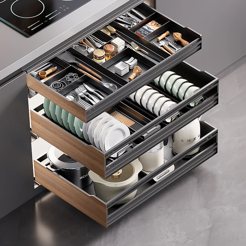 凯斯戈厨房收纳升级改造铝合金抗倍特抽屉式碗碟拉篮开门式三层