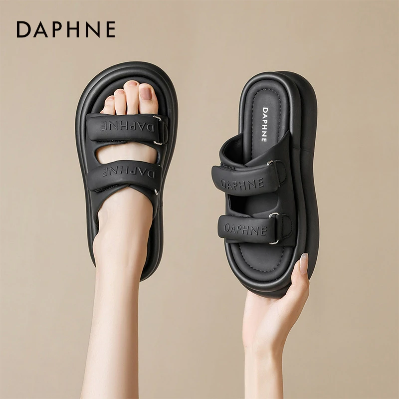 【达芙妮】厚底凉鞋新款魔术贴休闲露趾拖鞋 跟高5cm 4023303264