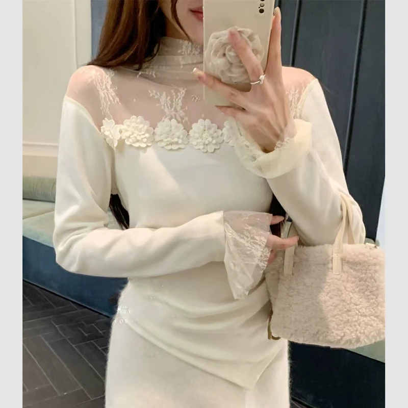 2024法式堆堆领立体花朵加厚内搭打底衫洋气修身上档次上衣小衫女