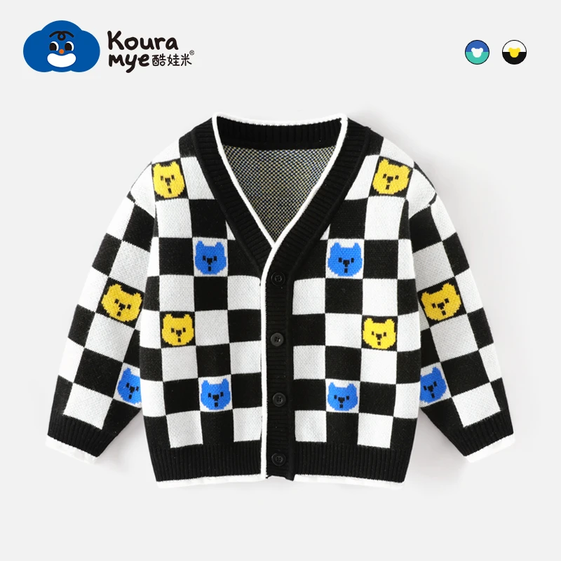 【酷娃米】4268春秋新款中小男童时尚百搭棋盘格卡通毛衣开衫