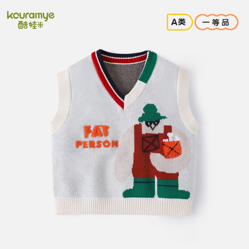 酷娃米2024春季新款儿童毛衣中小男宝宝百搭卡通V领背心1420