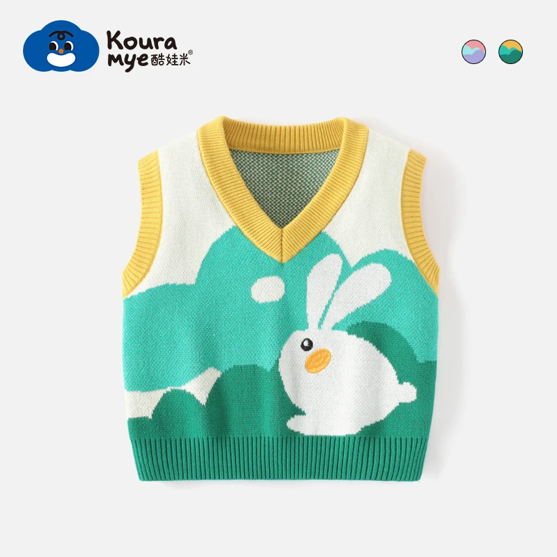 酷娃米春秋新款中小女童时尚可爱卡通V领小兔儿童毛衣背心1280