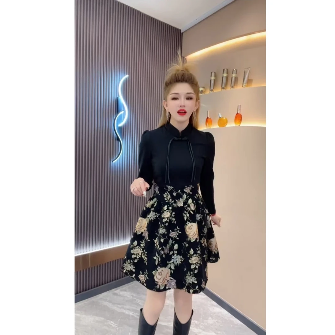 新中式假两件设计感连衣裙女24新款别致小众中长款长袖A字裙潮