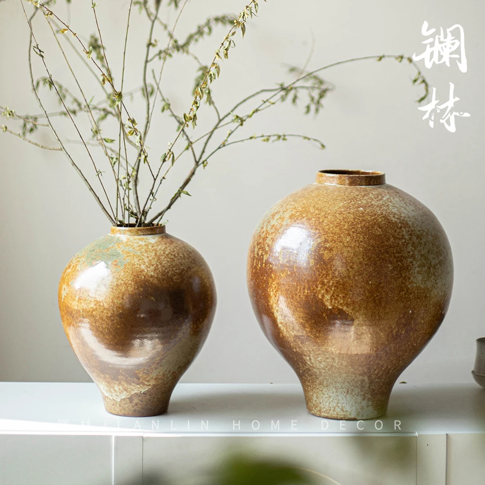 新中式粗陶花瓶复古侘寂风民宿酒店陶瓷摆件居家客厅装饰品老陶罐