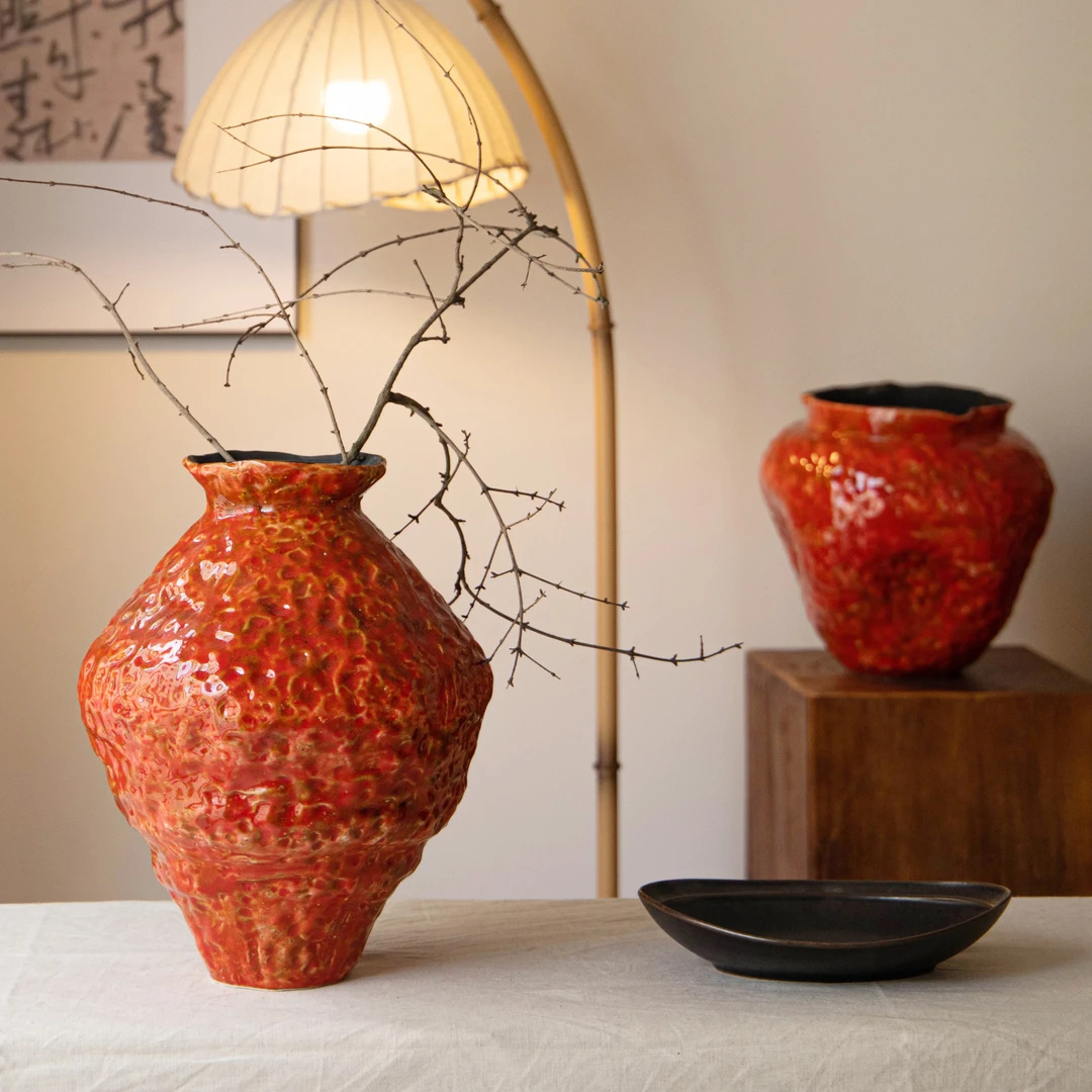 景德镇手工锤纹鲜花水培两用陶瓷摆件侘寂复古台面花瓶禅意粗陶罐