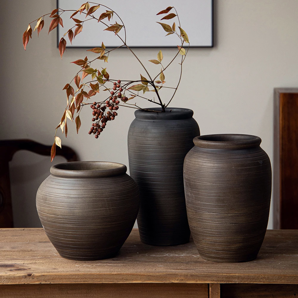 中式釉面粗陶罐子侘寂风禅意朋友手工陶花器家居不同装饰插花花盆