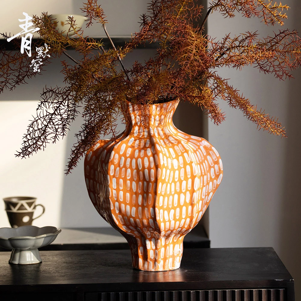 侘寂风手工复古陶瓷花瓶新中式高级感客厅玄关高奢插花花器见溪瓶