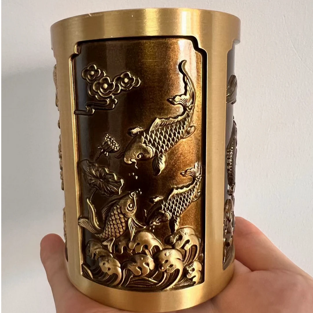 黄铜鲤鱼跃龙门笔筒摆件商务礼品送领导书房办公室装饰品