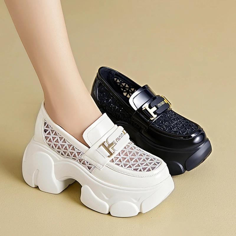 乐福鞋女2024夏新款网纱镂空透气玛丽珍小皮鞋厚底内增高女鞋子