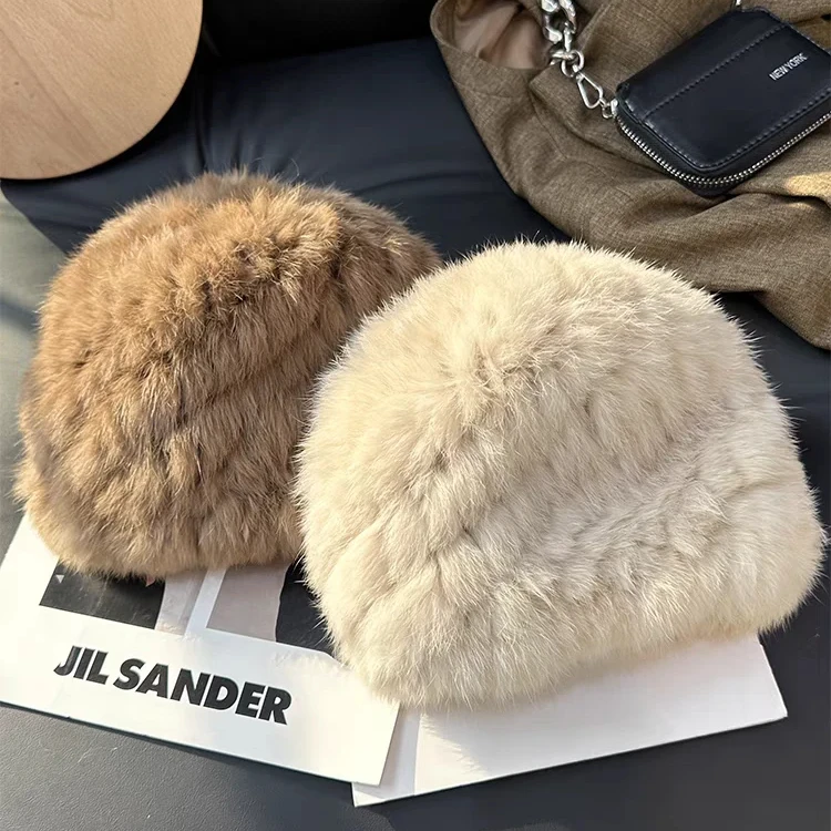 兔毛毛帽子女秋冬款加厚保暖防寒毛线帽显脸小皮草护耳毛绒渔夫帽