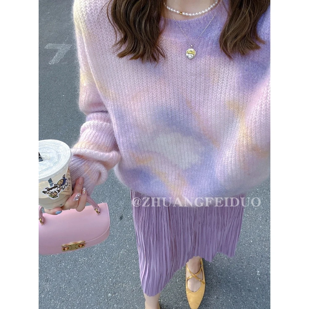 渐变紫色毛衣针织衫女秋冬甜美温柔马海毛打底衫慵懒宽松显瘦上衣