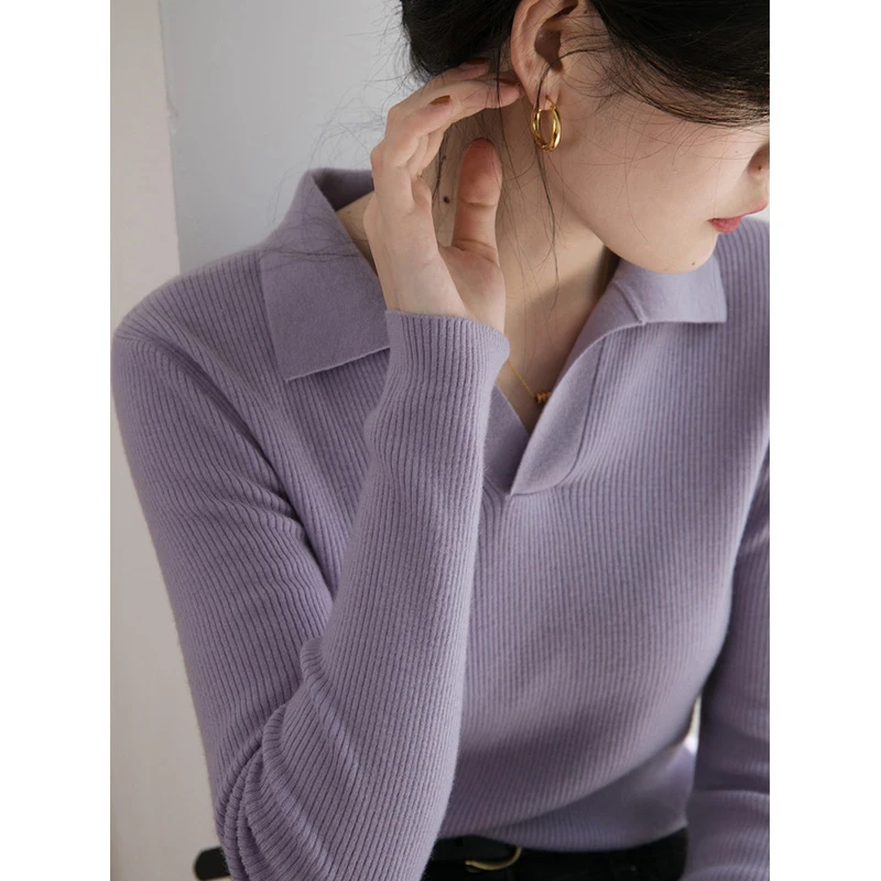 香芋紫polo领套头针织打底衫女内搭修身显瘦早秋上衣v领长袖毛衣