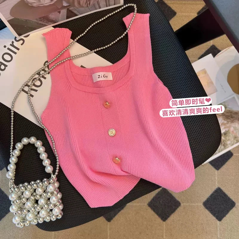 小香风金扣粉色针织吊带小众设计感无袖上衣女夏2024新款方领背心