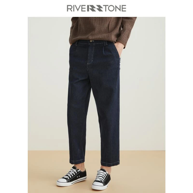 Riverstone流石男装冬装高端宽松牛仔裤男士直筒九分裤厚款裤子