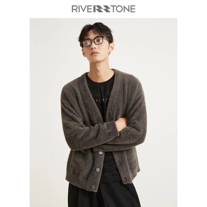 Riverstone柔软亲肤V领针织开衫新款秋季男开衫毛衣百搭纯色休闲