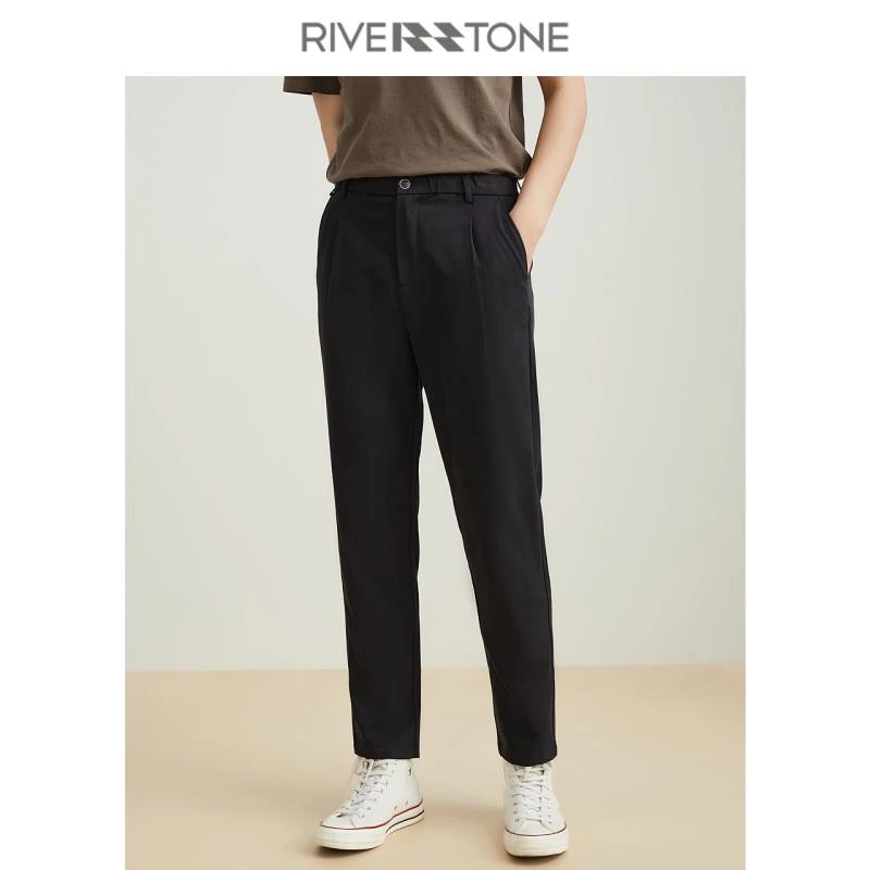 Riverstone流石男装秋装黑色直筒休闲裤男士舒适高端西裤长裤时尚
