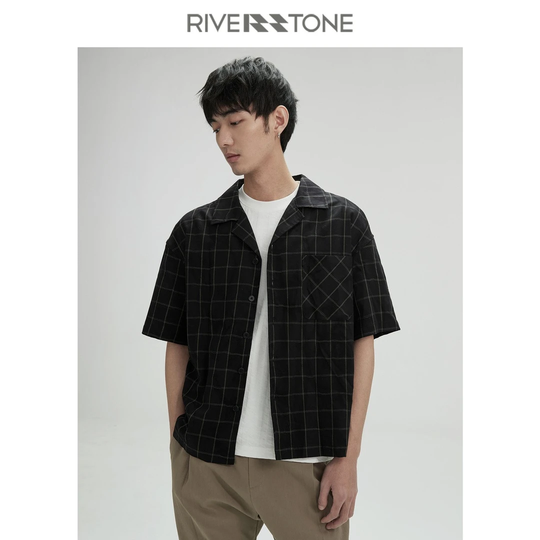 Riverstone流石男装休闲时尚格子短袖衬衫2024夏新款潮流日系翻领