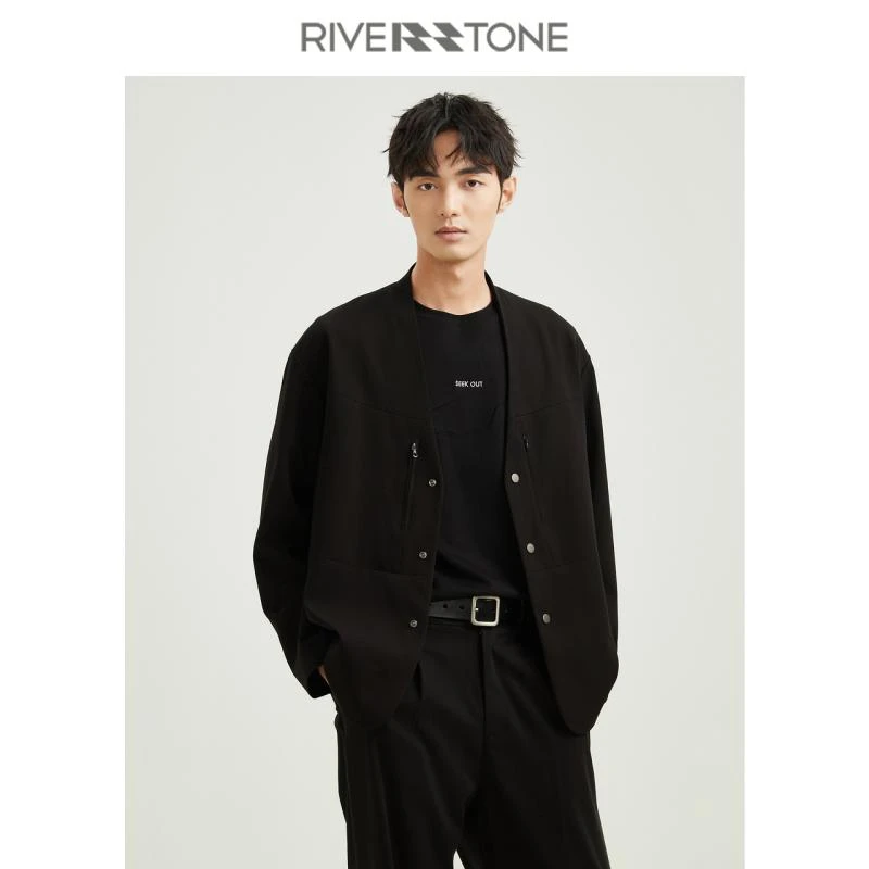 Riverstone流石男装简约无领西服2024新款秋季设计感垂顺宽松男士