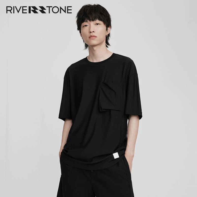 RS流石男装黑色速干短袖T恤2024新款夏季男士简约口袋休闲感上衣