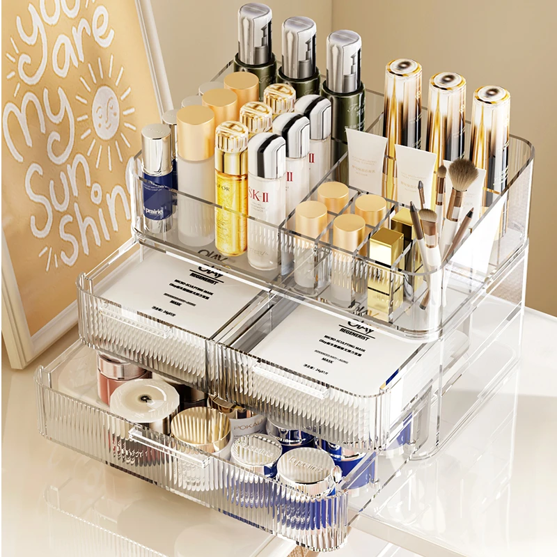 PET化妆品收纳盒防尘梳妆台护肤品收纳箱桌面置物架大容量化妆盒