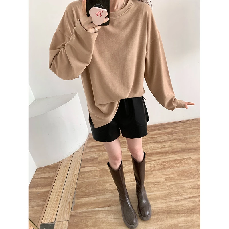 净版开叉双面德绒圆领T恤 2024冬季新款韩版宽松休闲长袖上衣1400