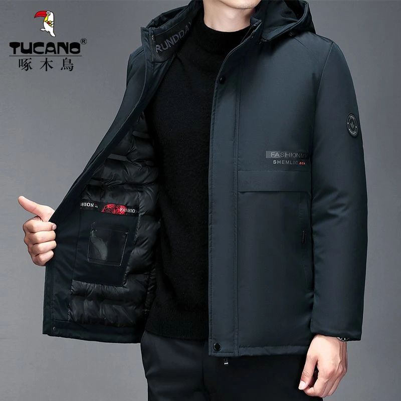 啄木鸟新款男士棉衣可拆帽加厚保暖防风棉服商务休闲中长款冬外套