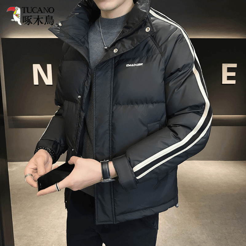 啄木鸟冬季男士时尚服男潮流立领条纹加厚保暖外套韩版青年上衣男