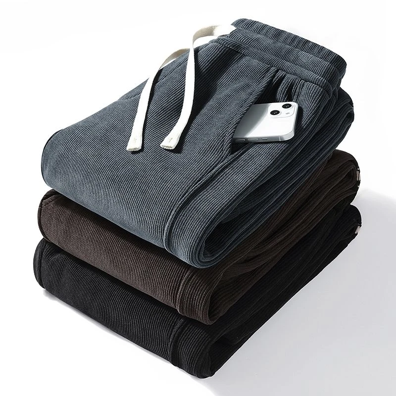 啄木鸟休闲裤男秋冬款重磅雪尼尔条纹卫裤加绒加厚大码保暖运动裤