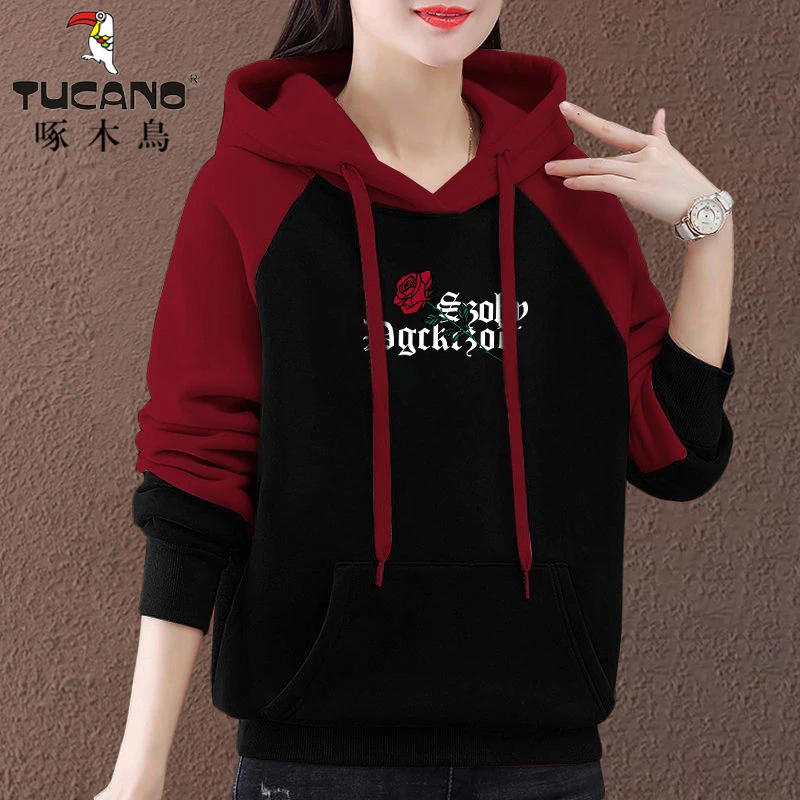 啄木鸟2023年秋冬新款加绒加厚百搭减龄卫衣女时尚冬季连帽衫上衣