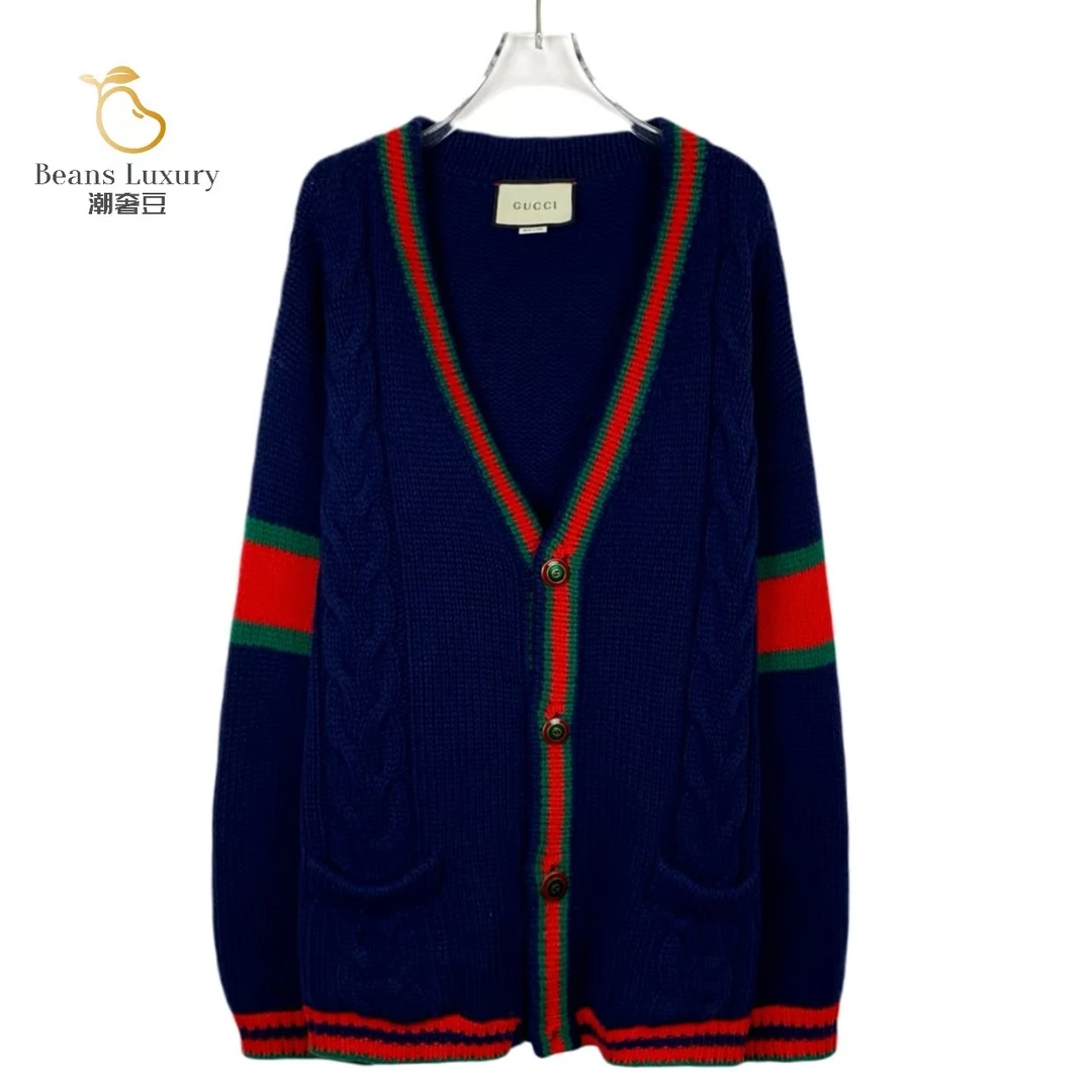 GUCCI/古驰99新/潮奢豆 严选/藏蓝色羊毛针织条纹开衫外套/013126