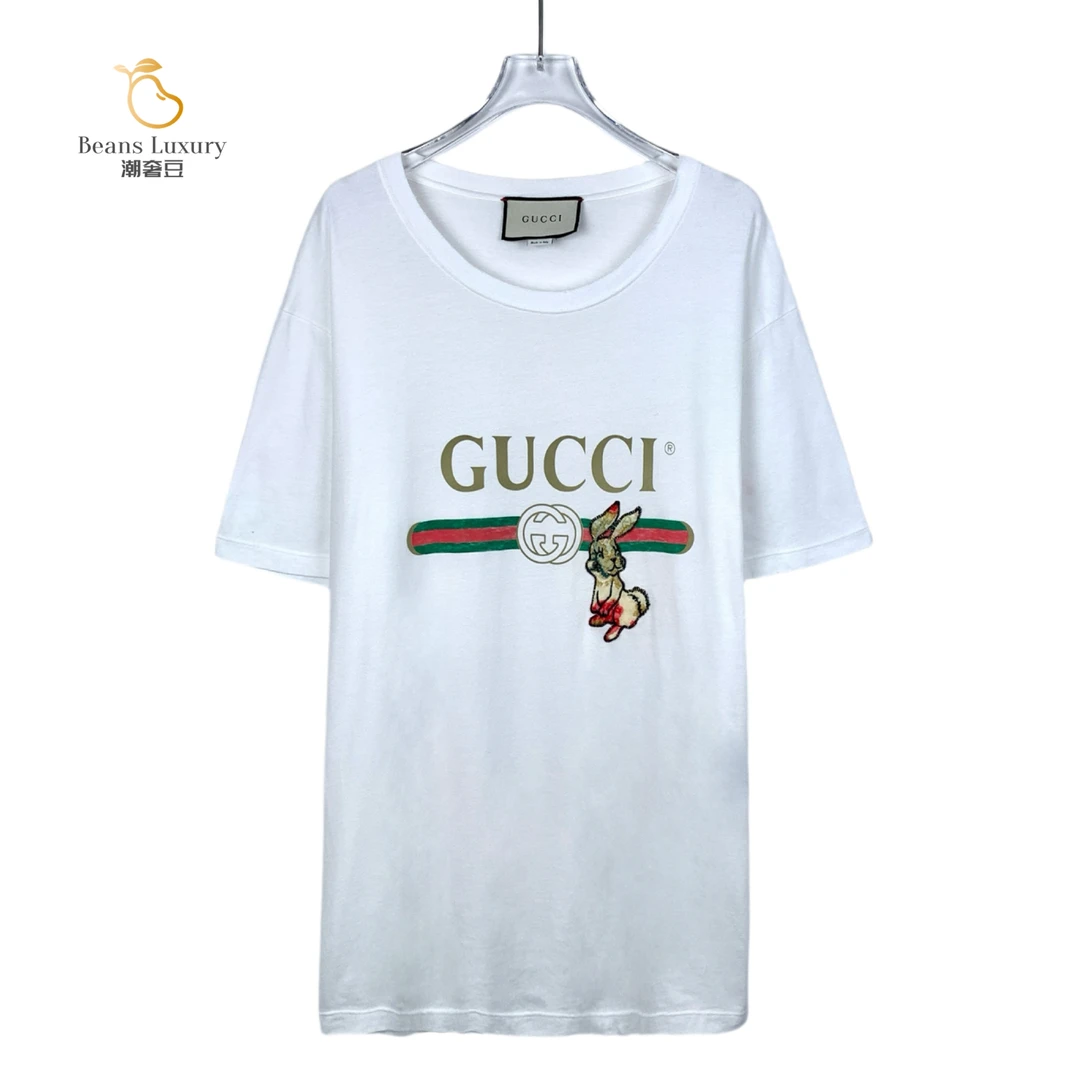 95新 GUCCI/古驰 潮奢豆 严选/白色图案印花圆领棉质短袖/H10604